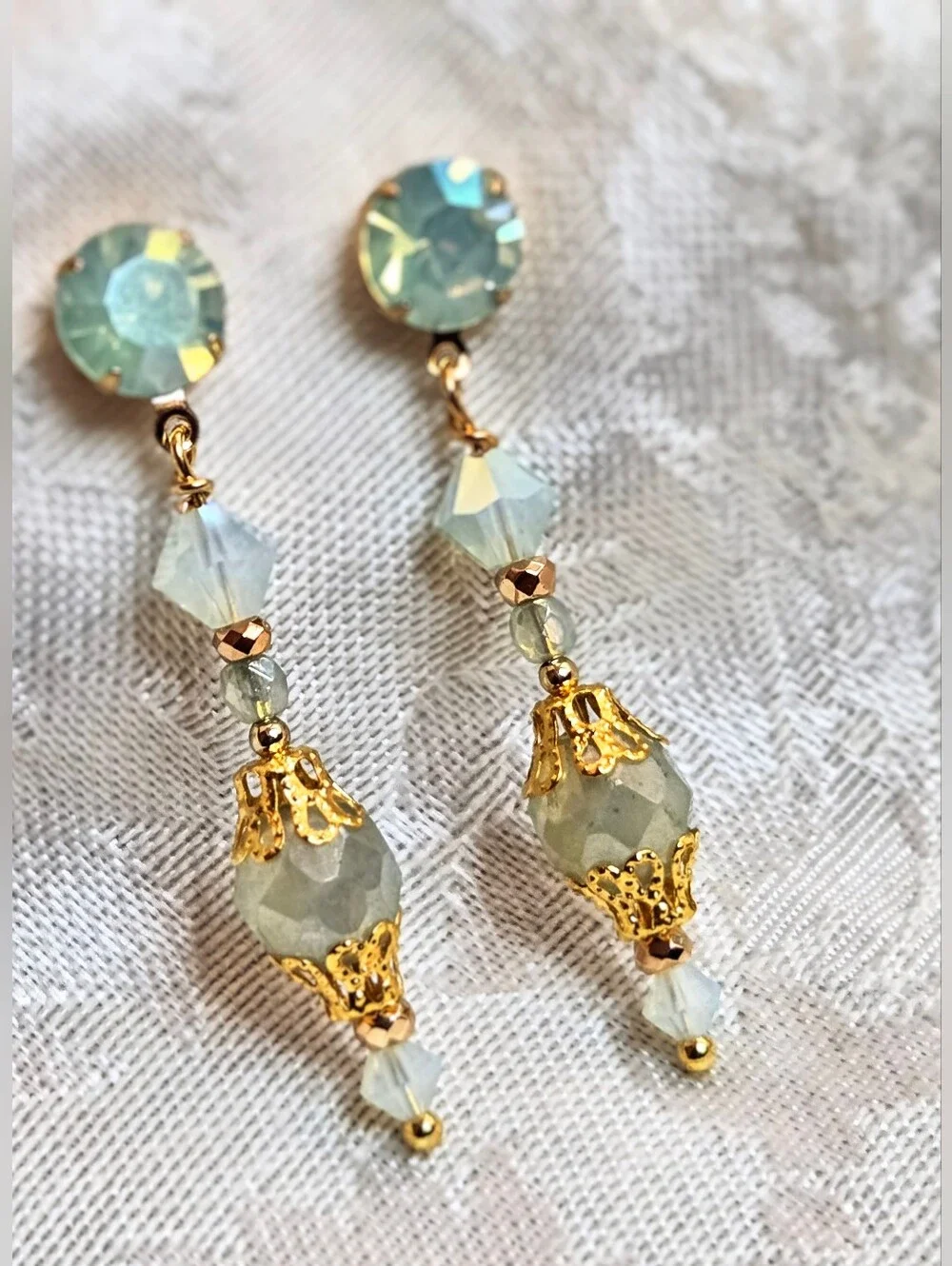 Victorian Delicate & Dainty Eucalyptus Green Opal Swarovski & Glass GP Earrings